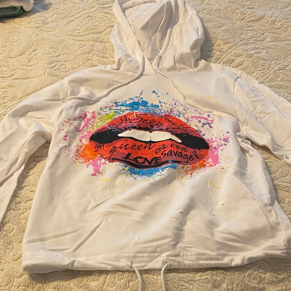 White Hoodie with Drawstrings with graphic design 💋❤️🔥🍒